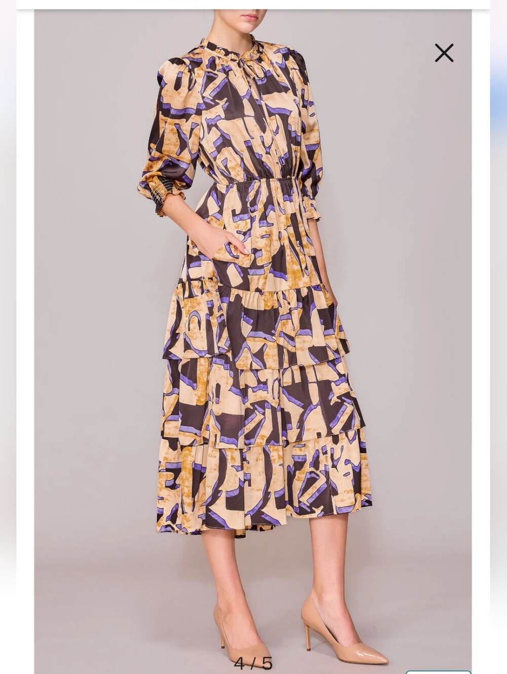 Melloday Abstract Print Tiered Midi Dress in Beige and Purple - Picture 4 of 13